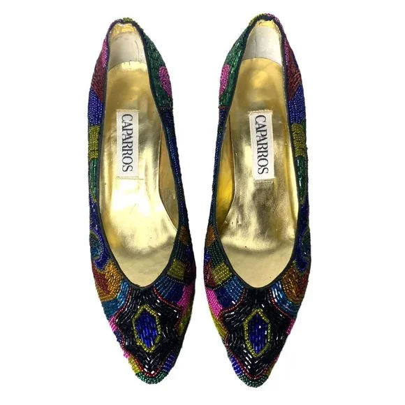 Vintage 90s Caparros Multicolor Pattern Beaded Pointed Toe Pumps 6
